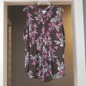 Sleeveless olive and pink floral blouse